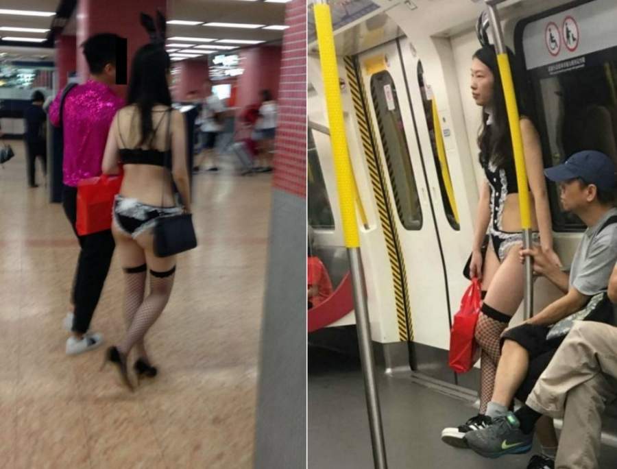 Девушка в нижнем белье в костюме зайчика в метро Гонконга