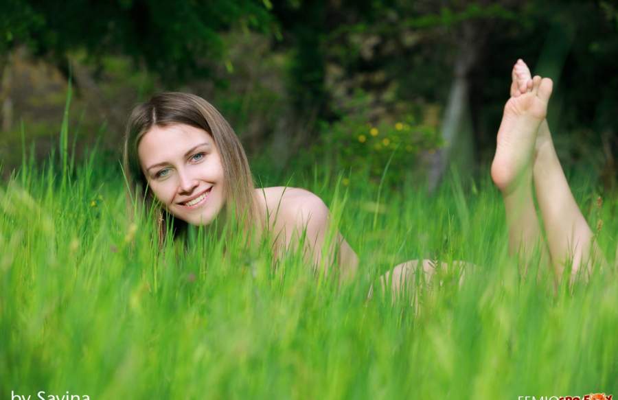 Фото: Красивая голая девушка в траве на поле