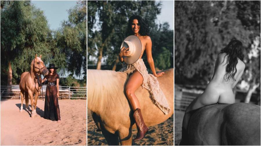 Коста-риканская модель Juliana Herz, позирует топлесс на лошади